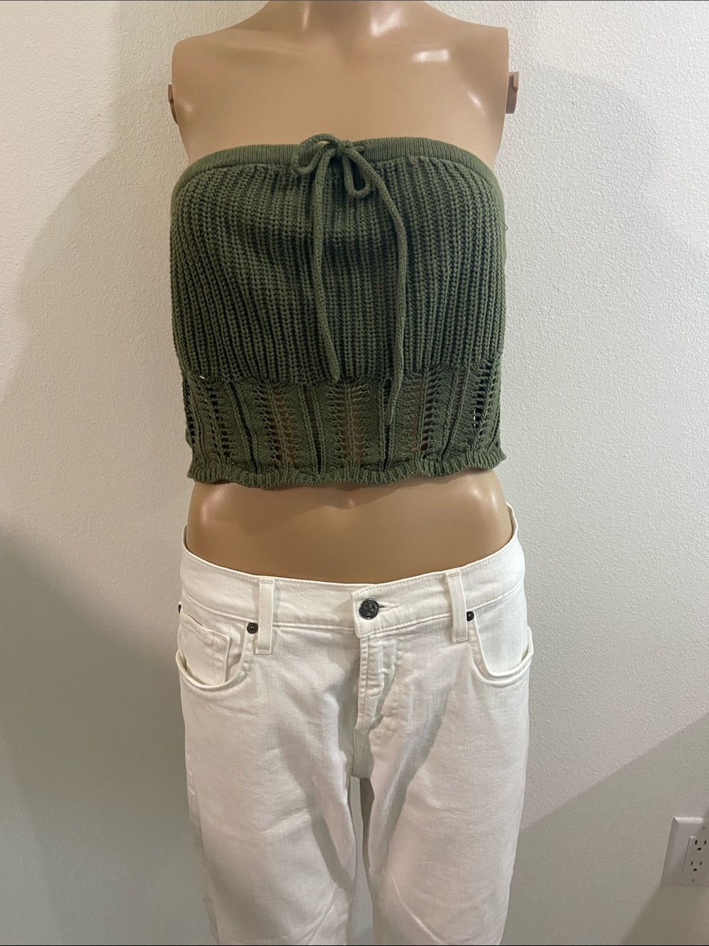 Jolie & Joy Olive Green Strapless Knit Crop Tube Top with Front Tie sz M